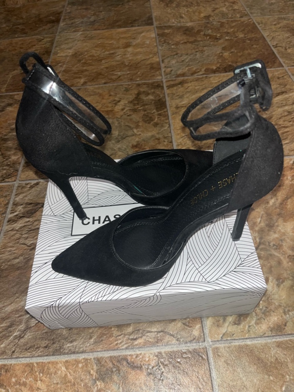 Chase + Chloe Black Suede Pointed-Toe Ankle-Strap Heels, Size 8, Like New